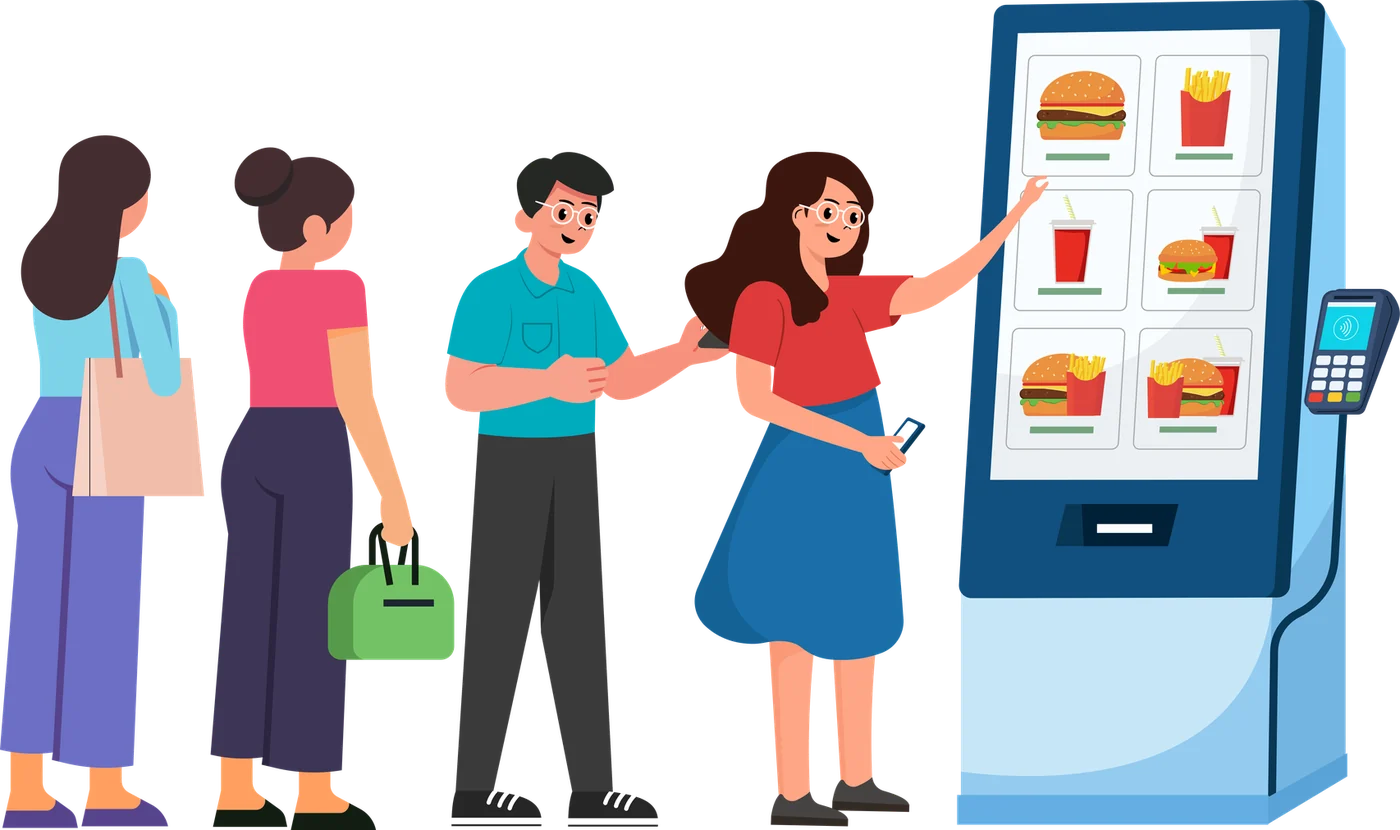 Customers ordering food at a self-service kiosk